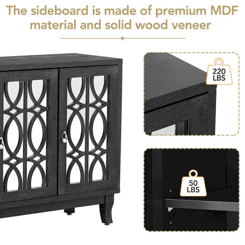 3-Door Farmhouse Sideboard with Hollow Streamline Panels, Silver Teardrop Handles & Adjustable Shelves – 3 Colors