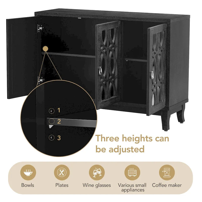 3-Door Farmhouse Sideboard with Hollow Streamline Panels, Silver Teardrop Handles & Adjustable Shelves – 3 Colors