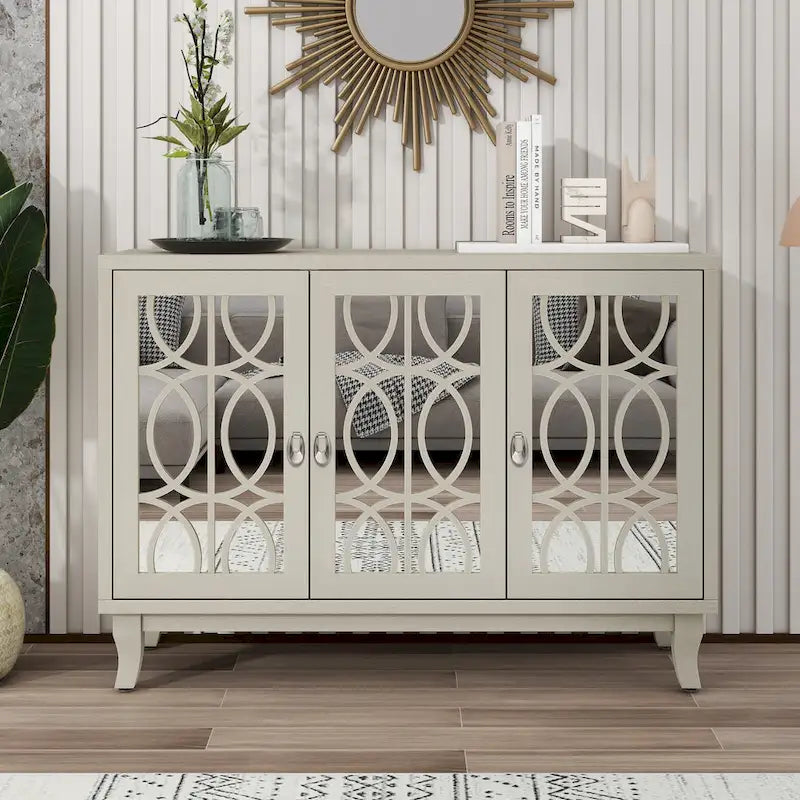 3-Door Farmhouse Sideboard with Hollow Streamline Panels, Silver Teardrop Handles & Adjustable Shelves – 3 Colors
