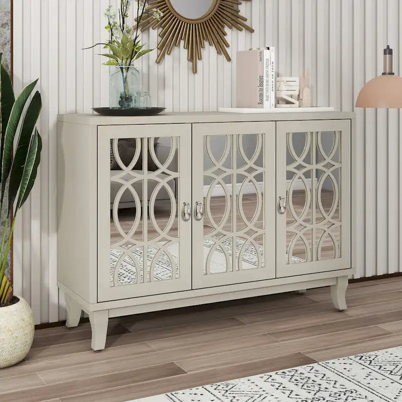3-Door Farmhouse Sideboard with Hollow Streamline Panels, Silver Teardrop Handles & Adjustable Shelves – 3 Colors