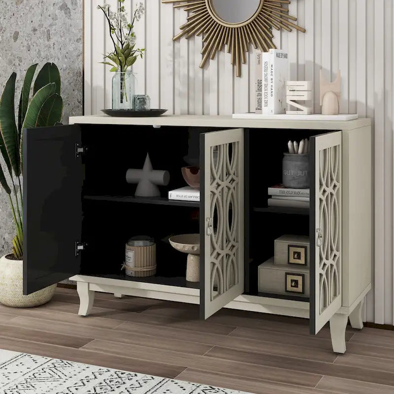 3-Door Farmhouse Sideboard with Hollow Streamline Panels, Silver Teardrop Handles & Adjustable Shelves – 3 Colors