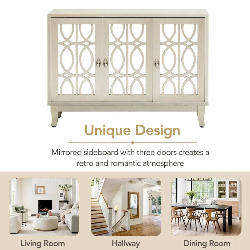 3-Door Farmhouse Sideboard with Hollow Streamline Panels, Silver Teardrop Handles & Adjustable Shelves – 3 Colors