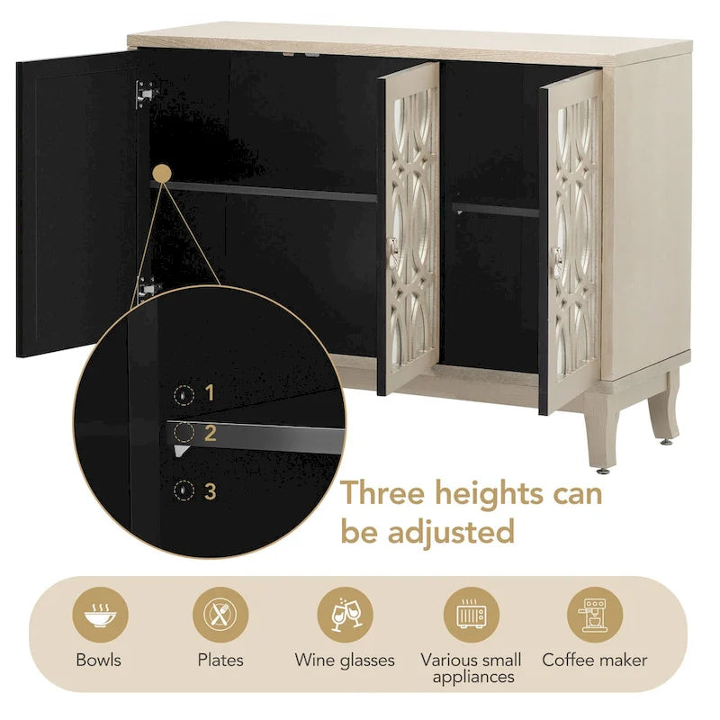 3-Door Farmhouse Sideboard with Hollow Streamline Panels, Silver Teardrop Handles & Adjustable Shelves – 3 Colors