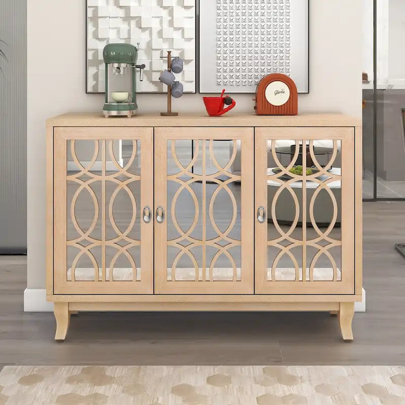 3-Door Farmhouse Sideboard with Hollow Streamline Panels, Silver Teardrop Handles & Adjustable Shelves – 3 Colors