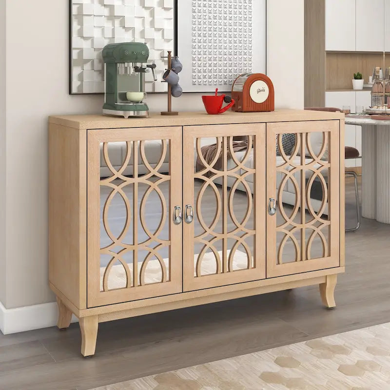 3-Door Farmhouse Sideboard with Hollow Streamline Panels, Silver Teardrop Handles & Adjustable Shelves – 3 Colors