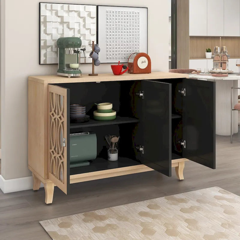 3-Door Farmhouse Sideboard with Hollow Streamline Panels, Silver Teardrop Handles & Adjustable Shelves – 3 Colors