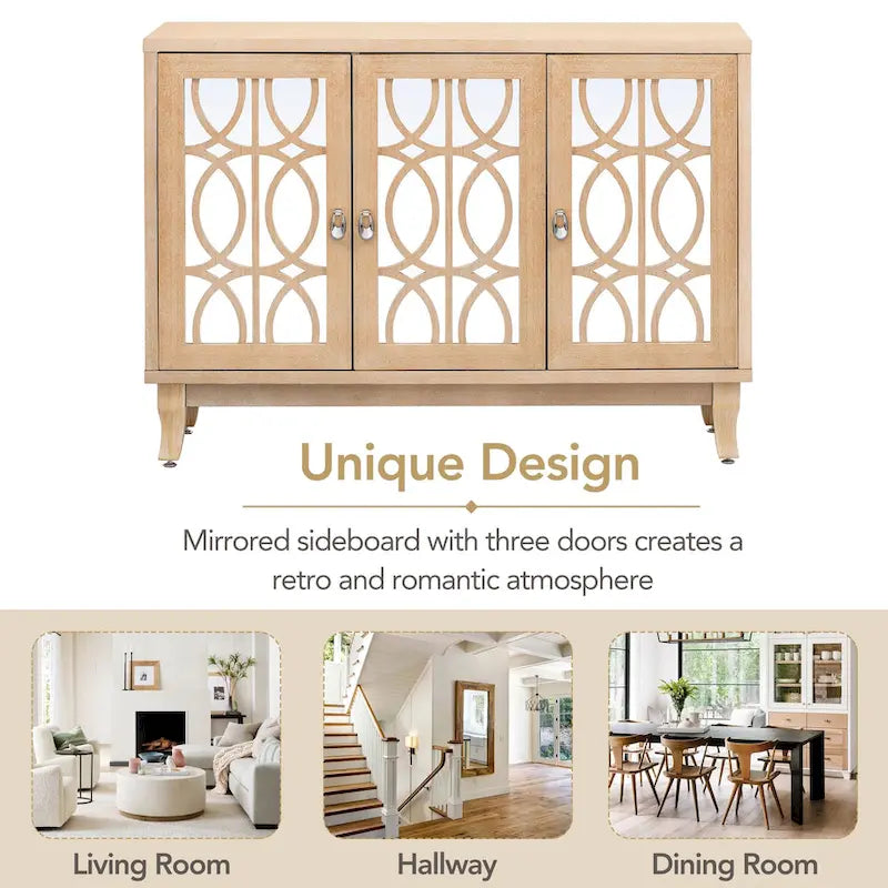 3-Door Farmhouse Sideboard with Hollow Streamline Panels, Silver Teardrop Handles & Adjustable Shelves – 3 Colors