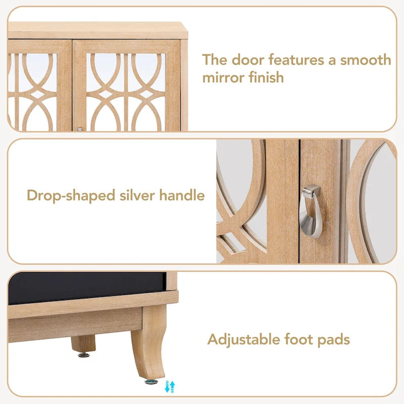 3-Door Farmhouse Sideboard with Hollow Streamline Panels, Silver Teardrop Handles & Adjustable Shelves – 3 Colors