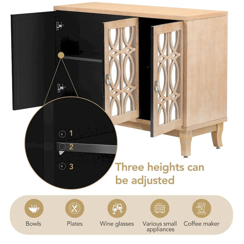 3-Door Farmhouse Sideboard with Hollow Streamline Panels, Silver Teardrop Handles & Adjustable Shelves – 3 Colors