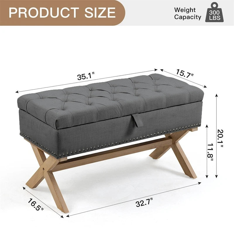Banc de rangement ottoman en lin capitonné – 35", mousse haute densité, gris foncé antique