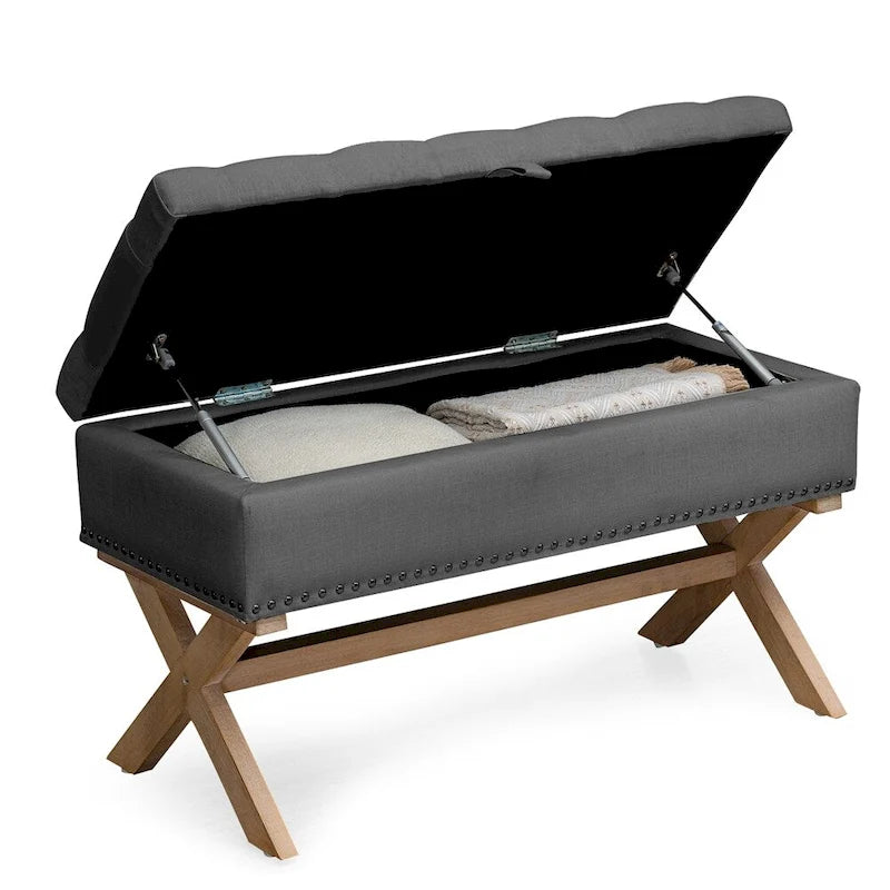 Banc de rangement ottoman en lin capitonné – 35", mousse haute densité, gris foncé antique