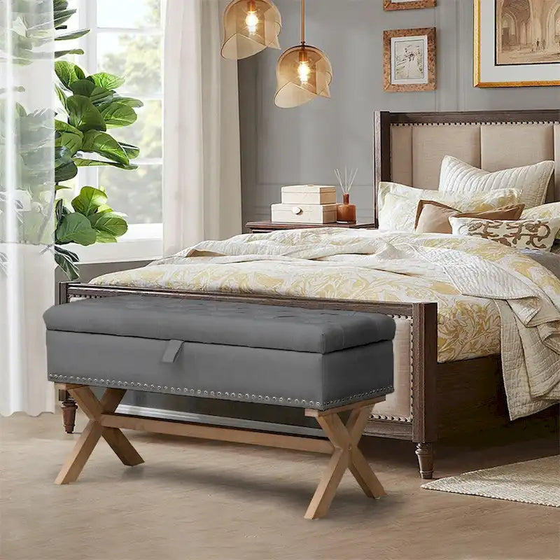 Banc de rangement ottoman en lin capitonné – 35", mousse haute densité, gris foncé antique