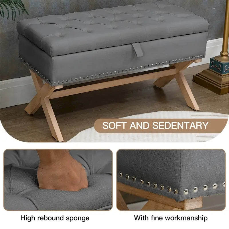Banc de rangement ottoman en lin capitonné – 35", mousse haute densité, gris foncé antique