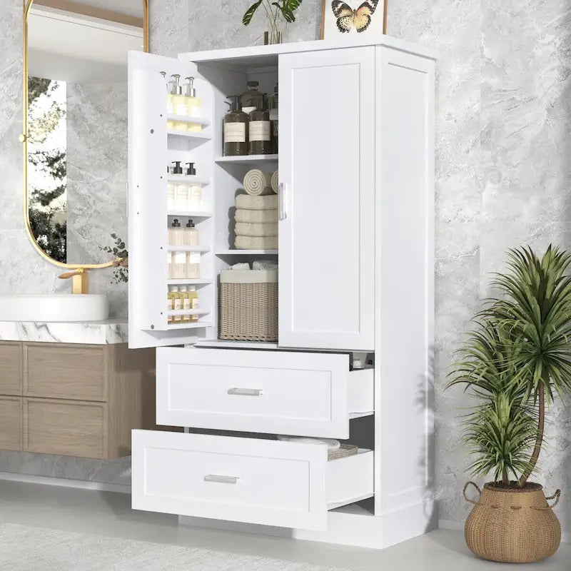 64" Tall Bathroom Storage Cabinet with Double Doors, Drawers & Adjustable Shelves