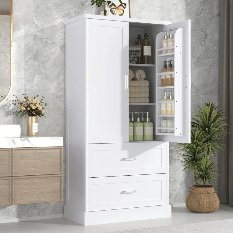 64" Tall Bathroom Storage Cabinet with Double Doors, Drawers & Adjustable Shelves