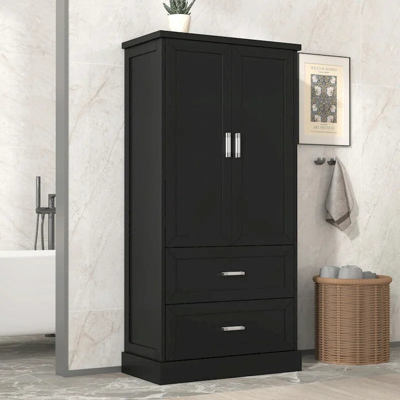 64" Tall Bathroom Storage Cabinet with Double Doors, Drawers & Adjustable Shelves