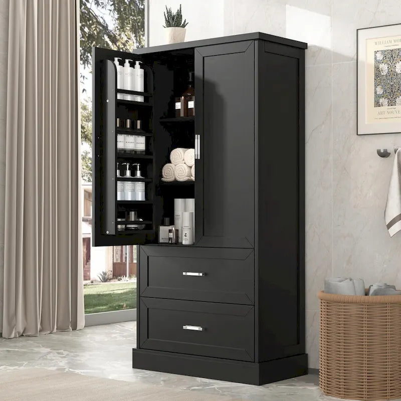 64" Tall Bathroom Storage Cabinet with Double Doors, Drawers & Adjustable Shelves