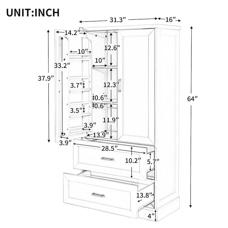64" Tall Bathroom Storage Cabinet with Double Doors, Drawers & Adjustable Shelves