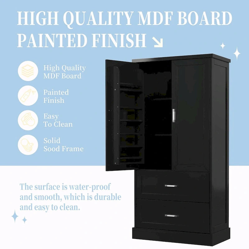 64" Tall Bathroom Storage Cabinet with Double Doors, Drawers & Adjustable Shelves