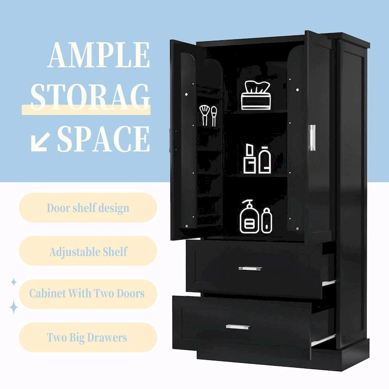 64" Tall Bathroom Storage Cabinet with Double Doors, Drawers & Adjustable Shelves