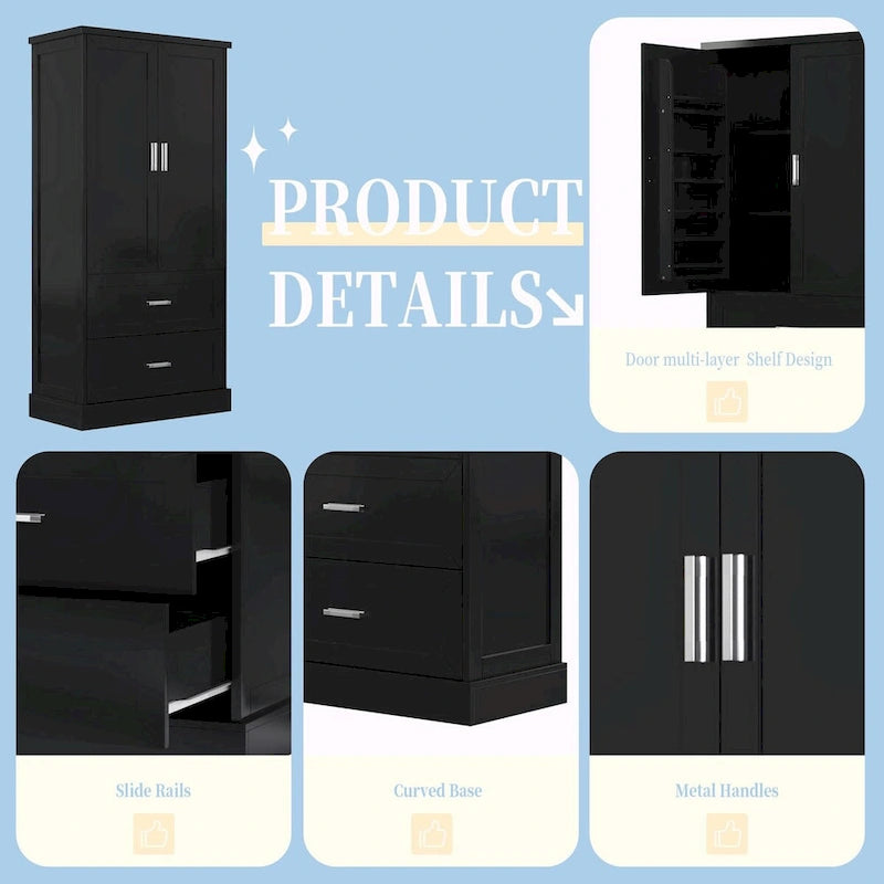 64" Tall Bathroom Storage Cabinet with Double Doors, Drawers & Adjustable Shelves