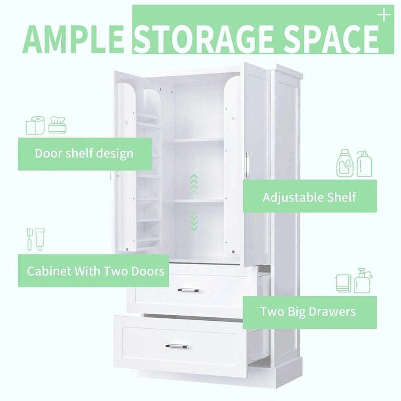 64" Tall Bathroom Storage Cabinet with Double Doors, Drawers & Adjustable Shelves