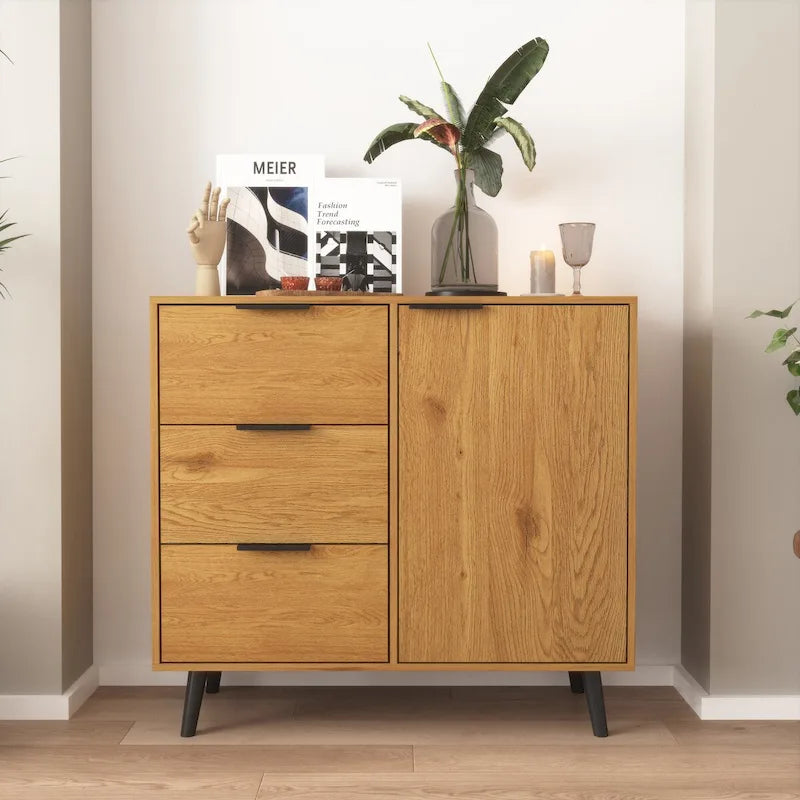 Mid-Century Modern Storage Cabinet with 3 Drawers, Door & Adjustable Shelf – Natural Wood & Gray