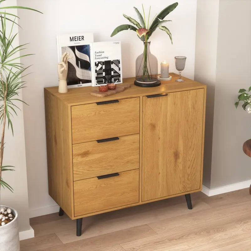Mid-Century Modern Storage Cabinet with 3 Drawers, Door & Adjustable Shelf – Natural Wood & Gray