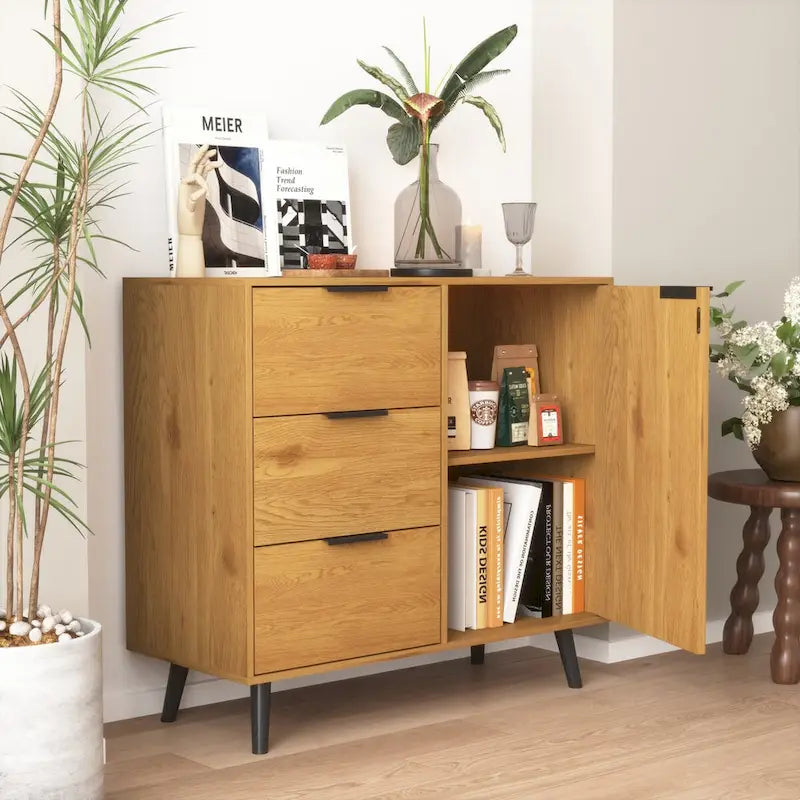 Mid-Century Modern Storage Cabinet with 3 Drawers, Door & Adjustable Shelf – Natural Wood & Gray