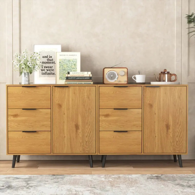 Mid-Century Modern Storage Cabinet with 3 Drawers, Door & Adjustable Shelf – Natural Wood & Gray