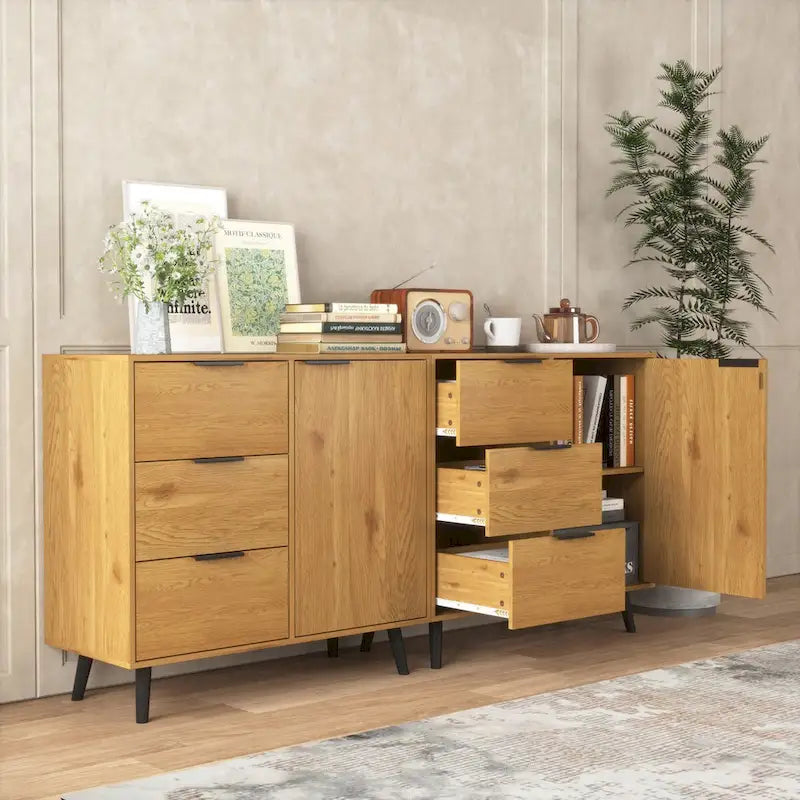Mid-Century Modern Storage Cabinet with 3 Drawers, Door & Adjustable Shelf – Natural Wood & Gray