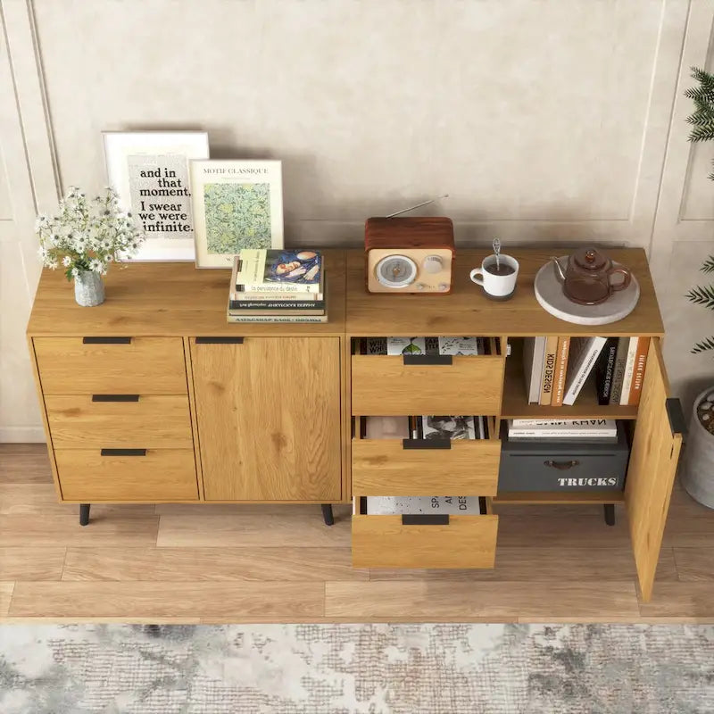 Mid-Century Modern Storage Cabinet with 3 Drawers, Door & Adjustable Shelf – Natural Wood & Gray