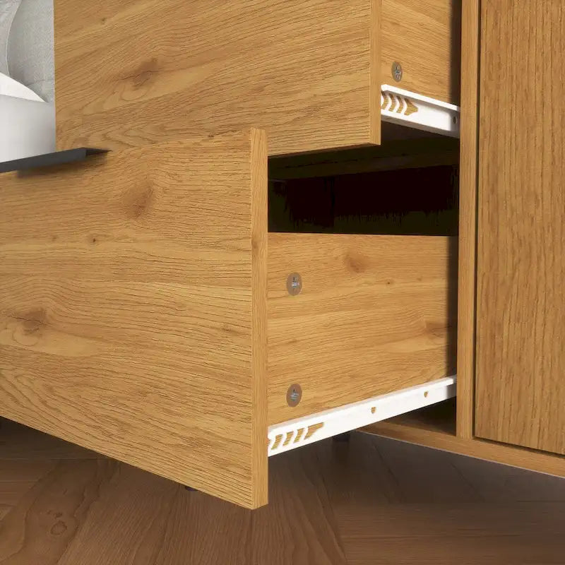 Mid-Century Modern Storage Cabinet with 3 Drawers, Door & Adjustable Shelf – Natural Wood & Gray