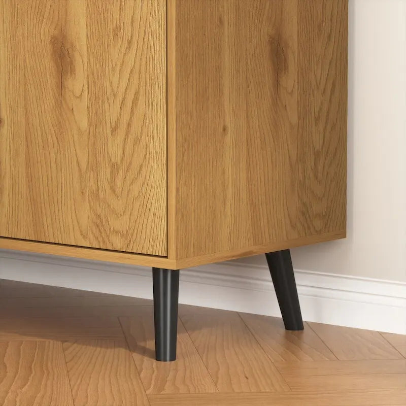 Mid-Century Modern Storage Cabinet with 3 Drawers, Door & Adjustable Shelf – Natural Wood & Gray
