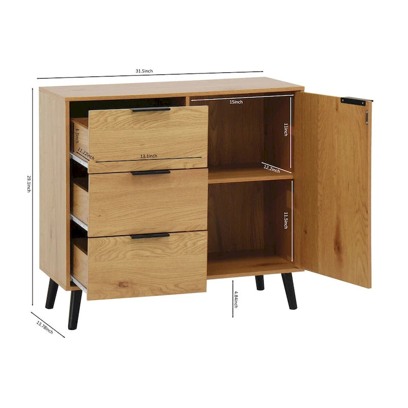 Mid-Century Modern Storage Cabinet with 3 Drawers, Door & Adjustable Shelf – Natural Wood & Gray