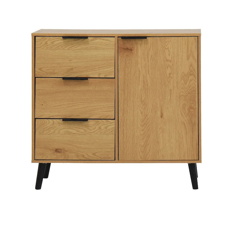 Mid-Century Modern Storage Cabinet with 3 Drawers, Door & Adjustable Shelf – Natural Wood & Gray