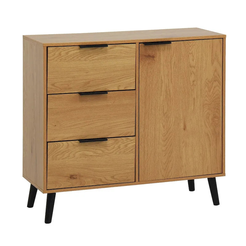 Mid-Century Modern Storage Cabinet with 3 Drawers, Door & Adjustable Shelf – Natural Wood & Gray