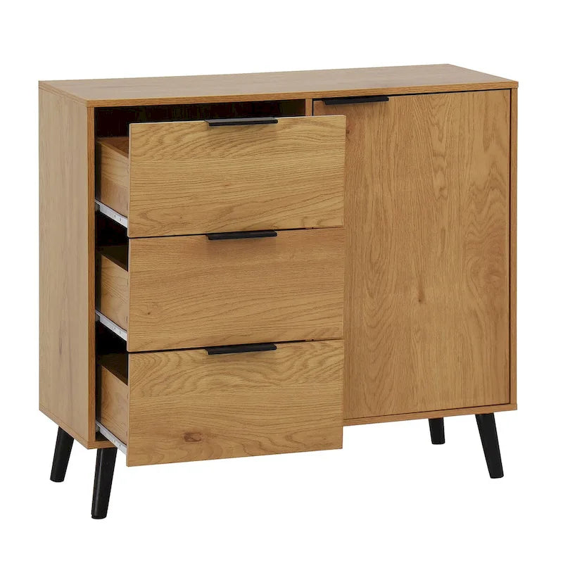 Mid-Century Modern Storage Cabinet with 3 Drawers, Door & Adjustable Shelf – Natural Wood & Gray
