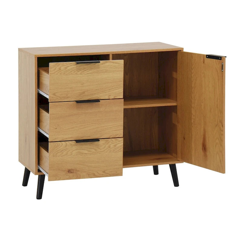 Mid-Century Modern Storage Cabinet with 3 Drawers, Door & Adjustable Shelf – Natural Wood & Gray