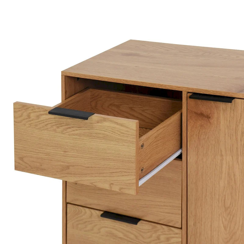 Mid-Century Modern Storage Cabinet with 3 Drawers, Door & Adjustable Shelf – Natural Wood & Gray