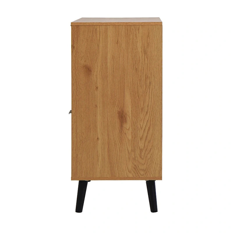 Mid-Century Modern Storage Cabinet with 3 Drawers, Door & Adjustable Shelf – Natural Wood & Gray