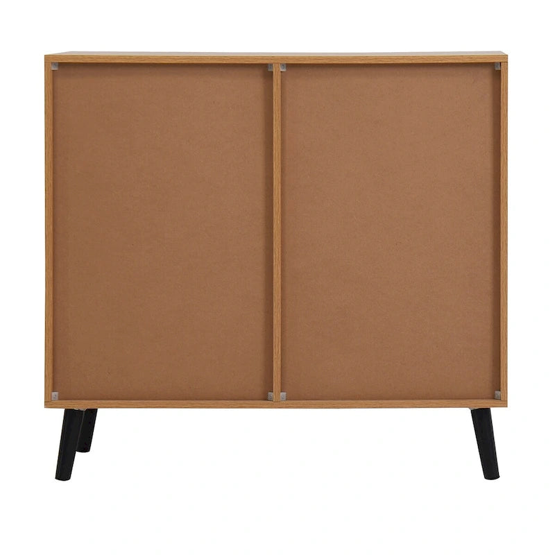 Mid-Century Modern Storage Cabinet with 3 Drawers, Door & Adjustable Shelf – Natural Wood & Gray