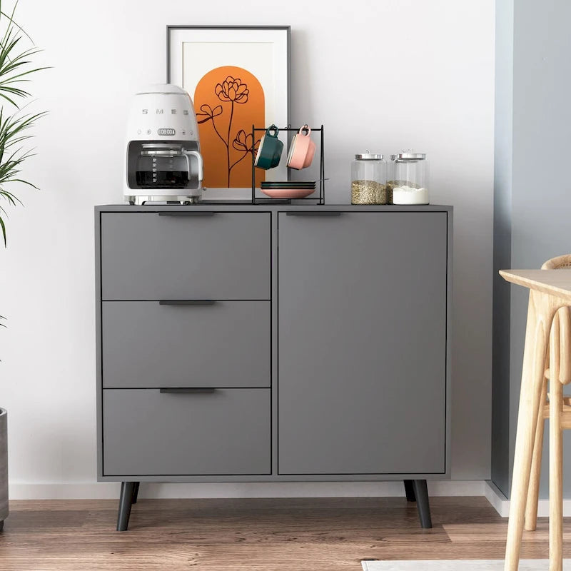 Mid-Century Modern Storage Cabinet with 3 Drawers, Door & Adjustable Shelf – Natural Wood & Gray