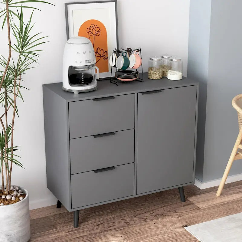 Mid-Century Modern Storage Cabinet with 3 Drawers, Door & Adjustable Shelf – Natural Wood & Gray