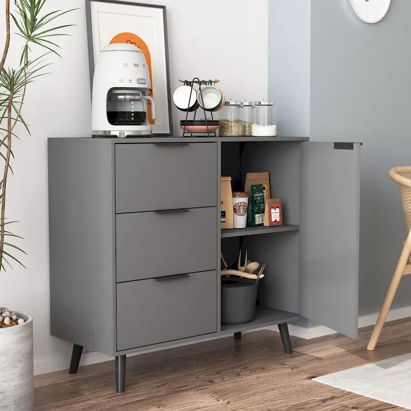 Mid-Century Modern Storage Cabinet with 3 Drawers, Door & Adjustable Shelf – Natural Wood & Gray