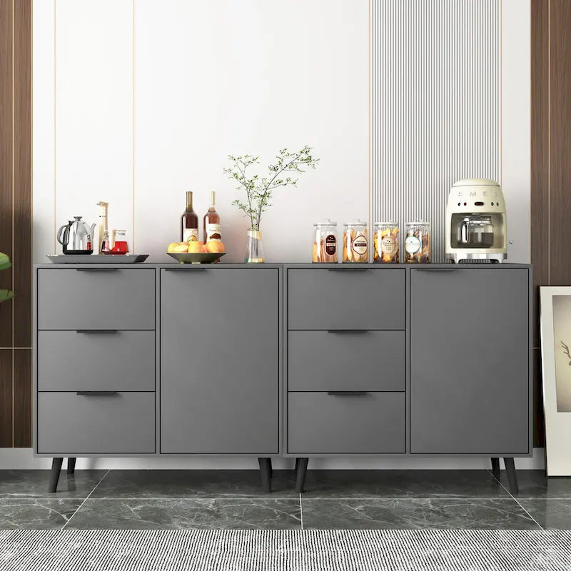 Mid-Century Modern Storage Cabinet with 3 Drawers, Door & Adjustable Shelf – Natural Wood & Gray
