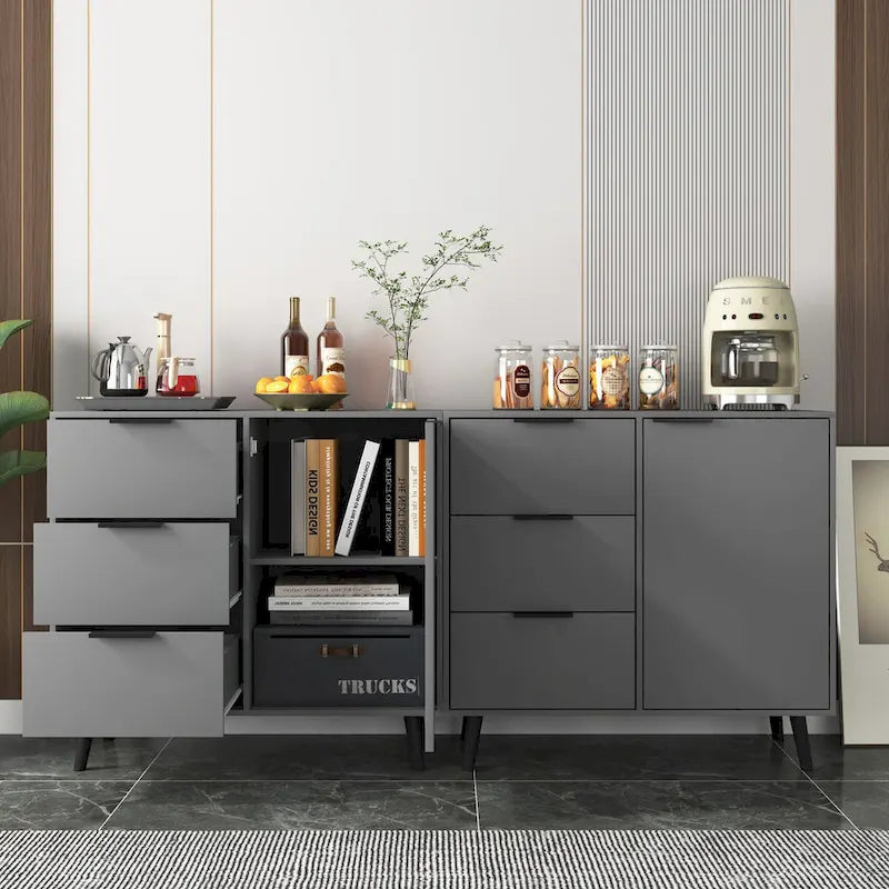 Mid-Century Modern Storage Cabinet with 3 Drawers, Door & Adjustable Shelf – Natural Wood & Gray