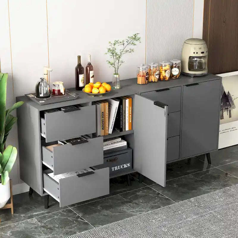 Mid-Century Modern Storage Cabinet with 3 Drawers, Door & Adjustable Shelf – Natural Wood & Gray