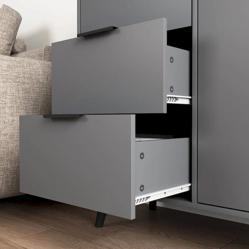 Mid-Century Modern Storage Cabinet with 3 Drawers, Door & Adjustable Shelf – Natural Wood & Gray