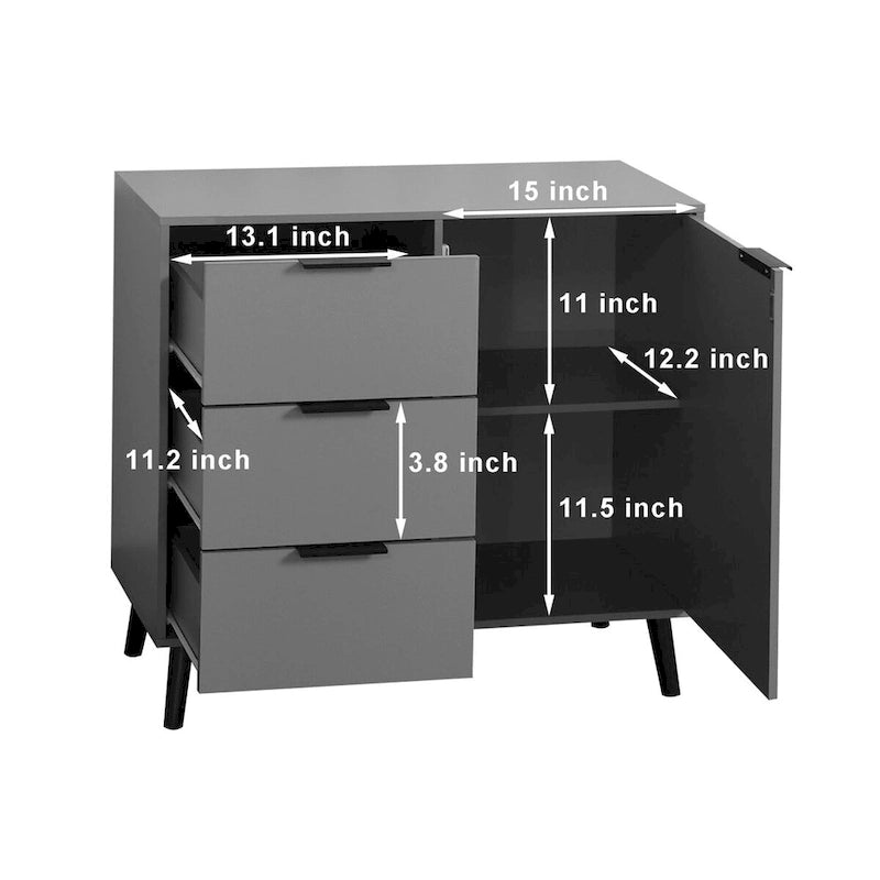 Mid-Century Modern Storage Cabinet with 3 Drawers, Door & Adjustable Shelf – Natural Wood & Gray